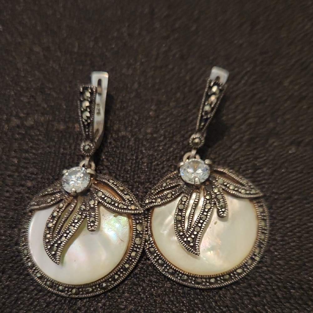 Elegant Silver and Pearl Earrings Markasite Leaf And CZ Dangle Earrings